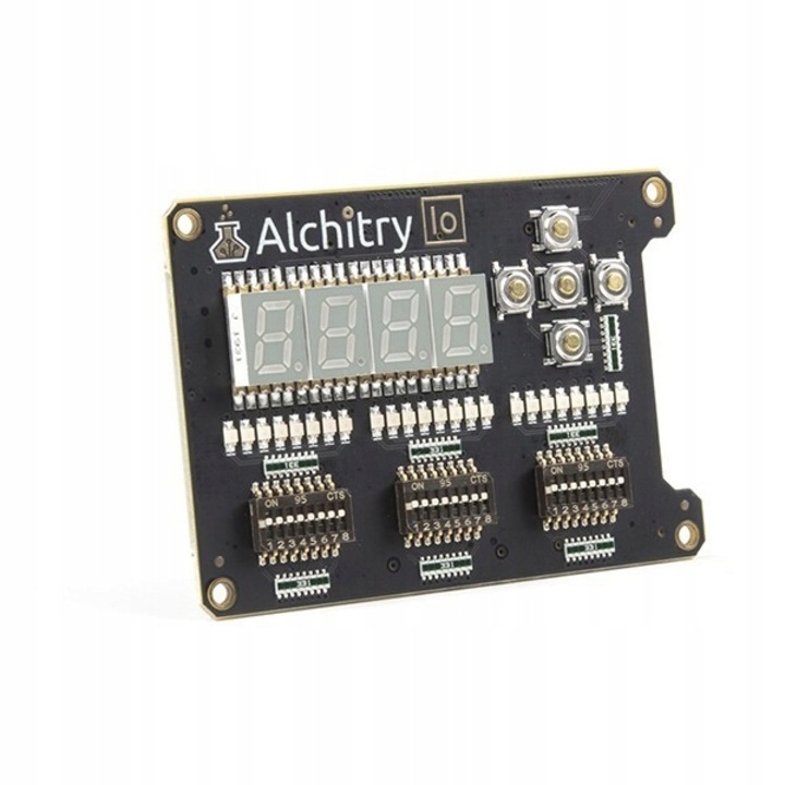 Разширителна платка за Alchitry Io, Sparkfun, 4 LED дисплея, 5 бутона, 24 LED, 24 DIP превключвателя