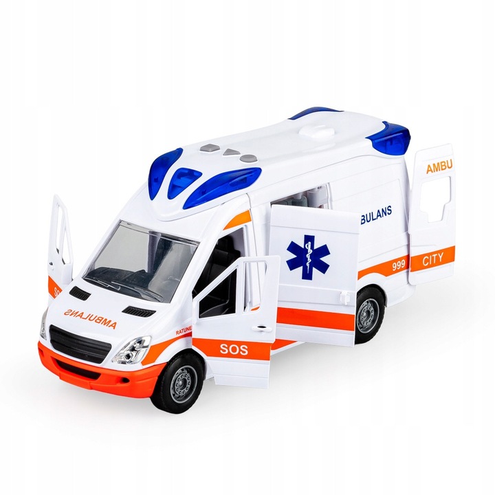 Ambulanta DUMEL, set cu sunete si lumini, usi deschise manual, 3+ ani