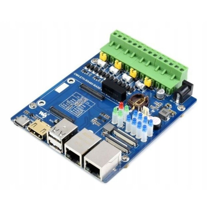 Placa de baza WaveShare CM4-ETH-RS485-BASE-B pentru Raspberry Pi CM4, 4 interfete RS485, 2x USB 2.0, 2x RJ45, 108,8x93,6mm