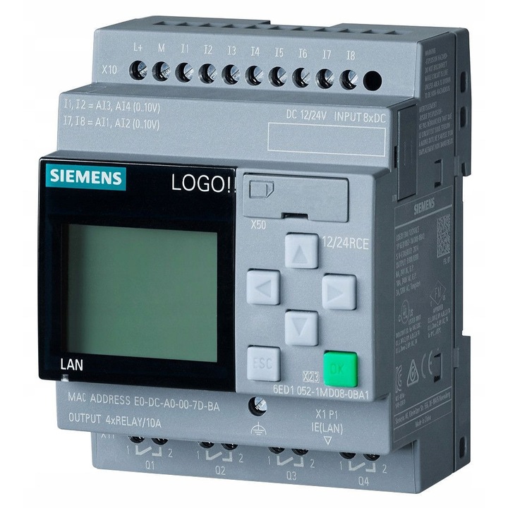 LOGO! 230RCEo modul, Siemens, 8 digitális bemenet, 4 relé kimenet, 115V/230V, DIN sínre szerelhető 35mm