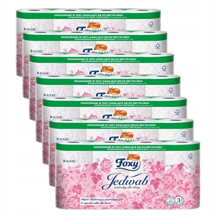 Тоалетна хартия Foxy Jedwab, комплект 7 пакета, 8 ролки, 3 пласта, аромат на талк