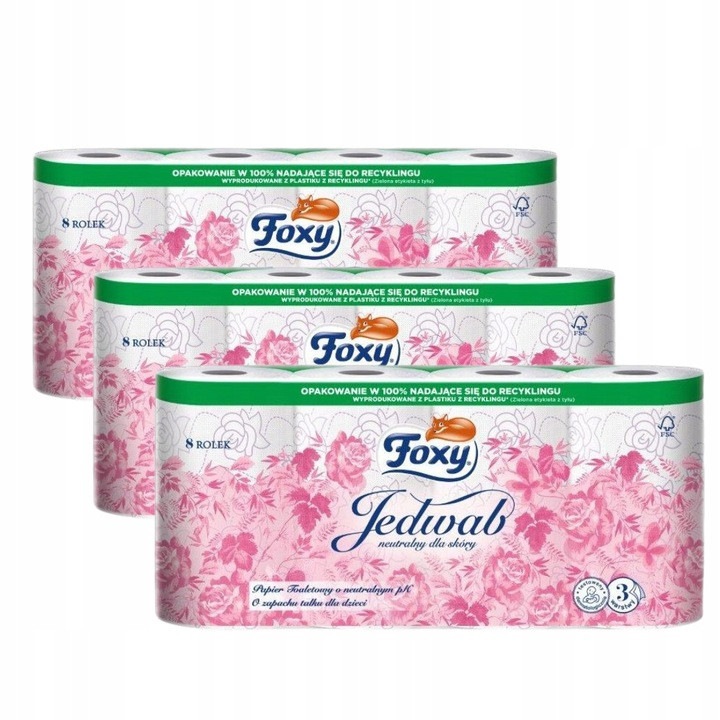 Комплект x6 тоалетна хартия FOXY, 8 ролки, неутрално pH, с талк