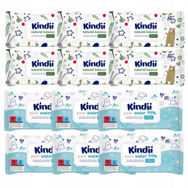Бебешки мокри кърпички Kindii, Pure Water 99%, 12 пакета, без аромат, 60 броя всеки