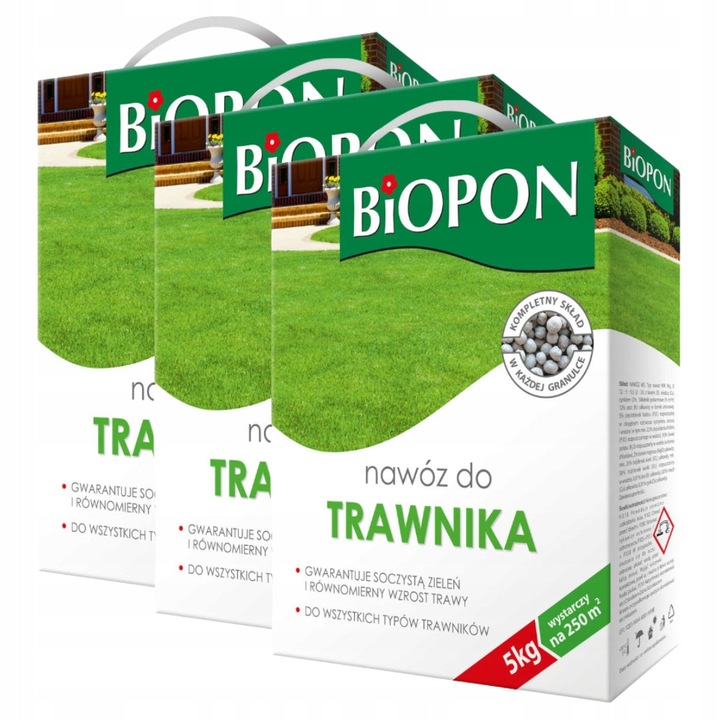 Комплект 3 x BIOPON тор за Трева 5 кг, Гранулиран, Зелен, 250 m²