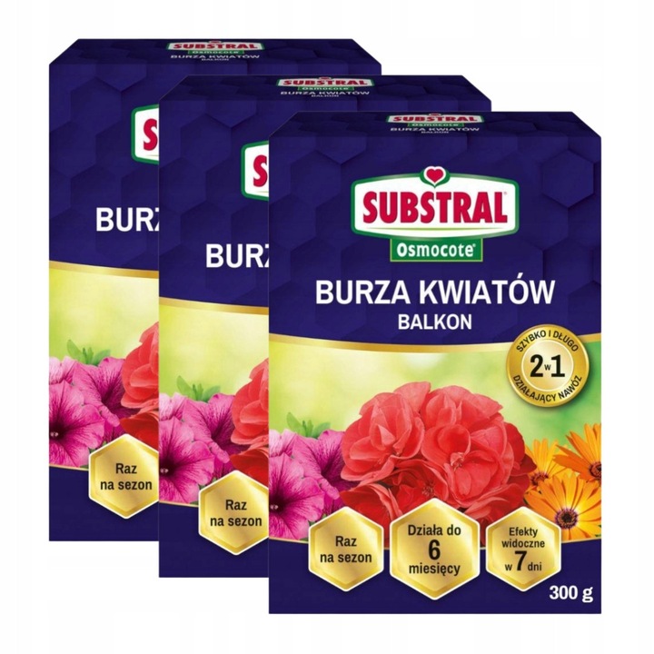 Ingrasamant granulat Substral Osmocote 2w1 Burza Florilor, set 3 bucati, 300g, pentru flori de balcon, actiune rapida si de lunga durata