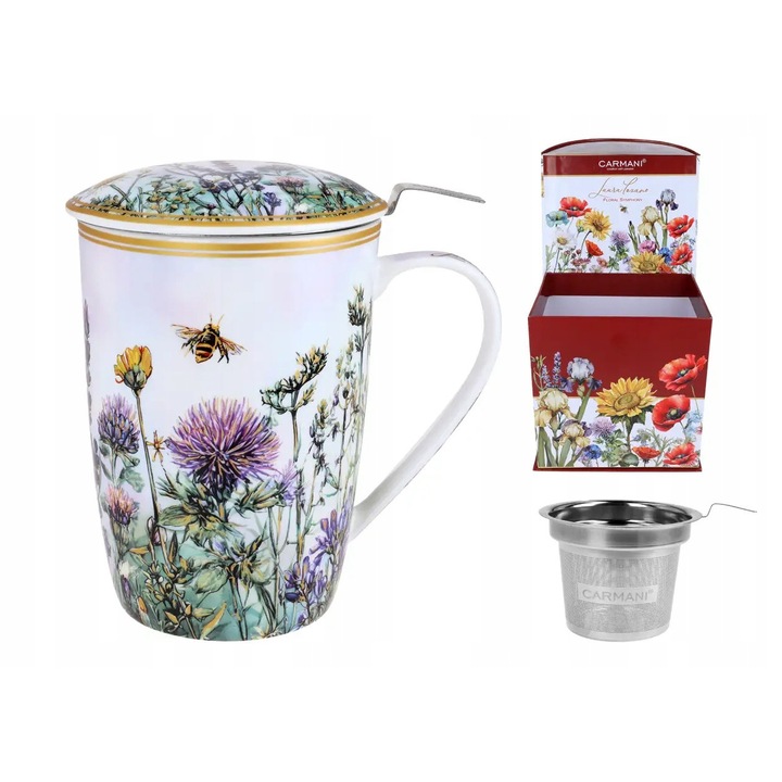 Cana Carmani cu sita si capac, model Laka kwietna z rumiankiem