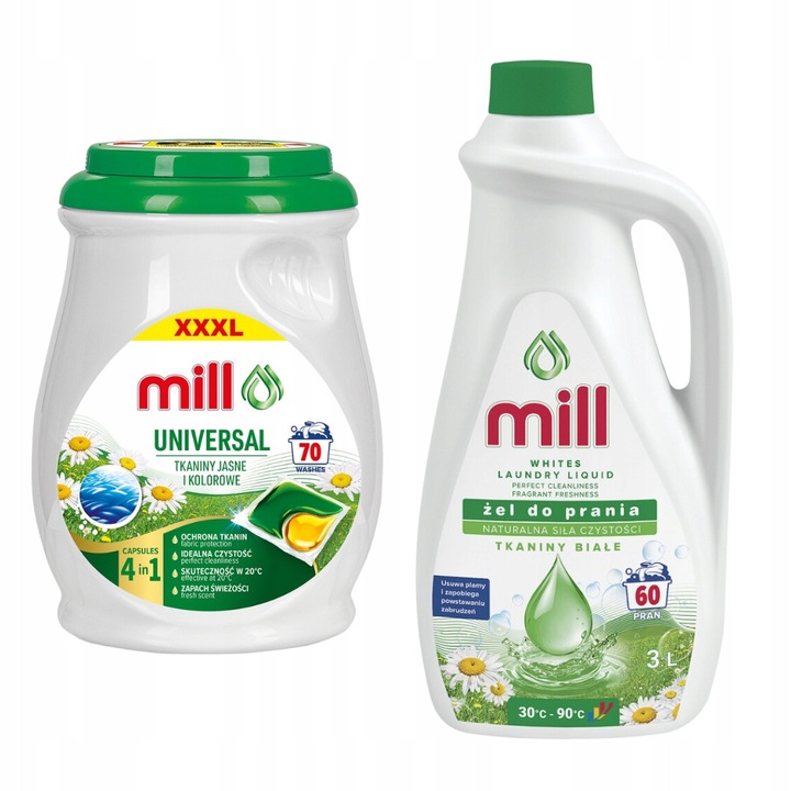 Mill mosószer szett, 70 kapszula és 3L gél, fehér, univerzális