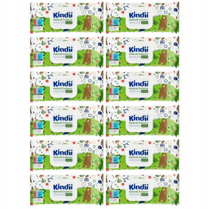 Комплект 12 мокри кърпички Kindii Natural Balance за бебета, 60 броя, без PEG, без парабени, без алкохол