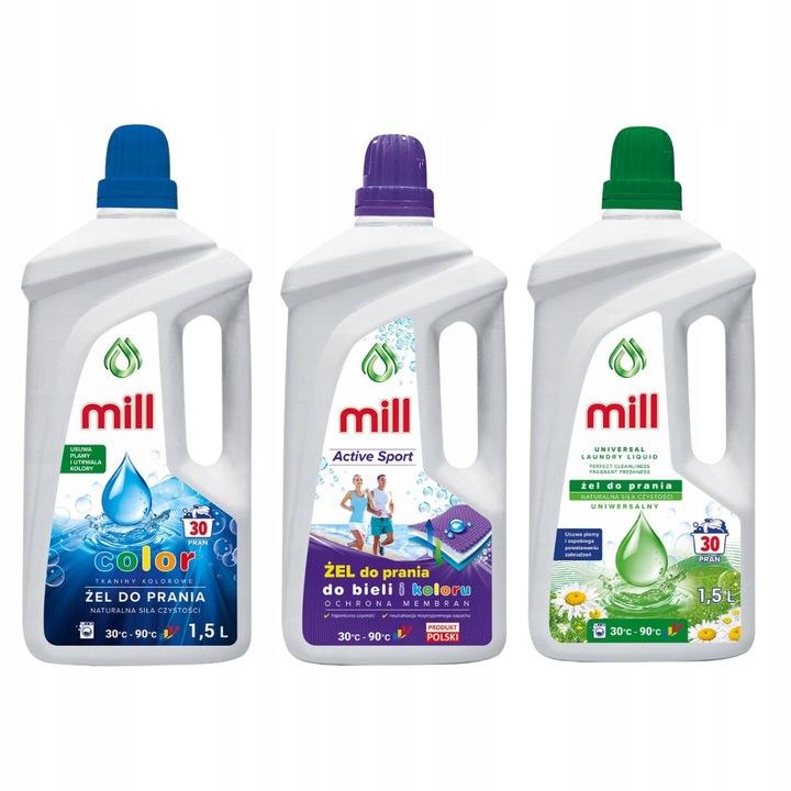 Mill mosószer szett, 1,5L, fehér és színes ruhákhoz, hatékony 30C-on, bőrbarát