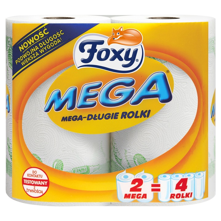 Set 8 pachete prosoape de hartie Foxy Mega, 2 role = 4 role obisnuite, absorbante, alb