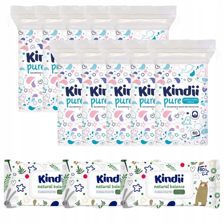 Комплект мокри кърпички Kindii Baby 10 броя + Kindii Natural Balance 60 броя/пакет x 3 пакета