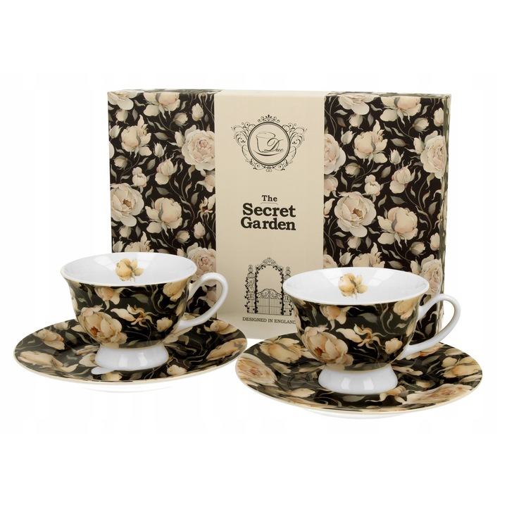 Комплект 2 чаши за еспресо Duo English Roses Black, порцелан New Bone China, 100мл, 7,5x5см