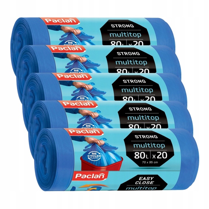 Торби за отпадъци Paclan MULTI-TOP 80л, комплект 5 броя, 20 торби, 70x95см, син цвят