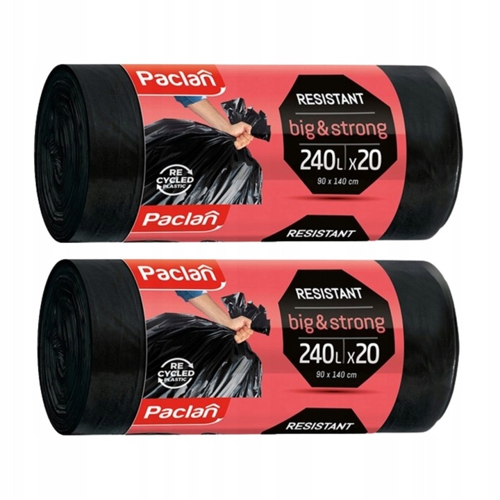 Комплект 2 торби за отпадъци Paclan Big&Strong 240л, 90x140см, черни, 40 микрона
