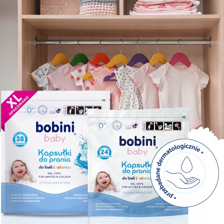 Bobini Hipoallergén Mosókapszula Színes és Fehér Ruhákhoz, 62 db, Érzékeny Bőrhöz Kíméletes, XL