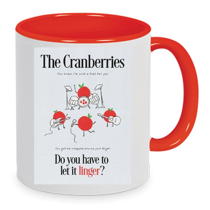 Cana ceramica 330ml cu design "Do You Have to Let It Linger", exterior alb cu maner si interior rosu, pentru fani The Cranberries