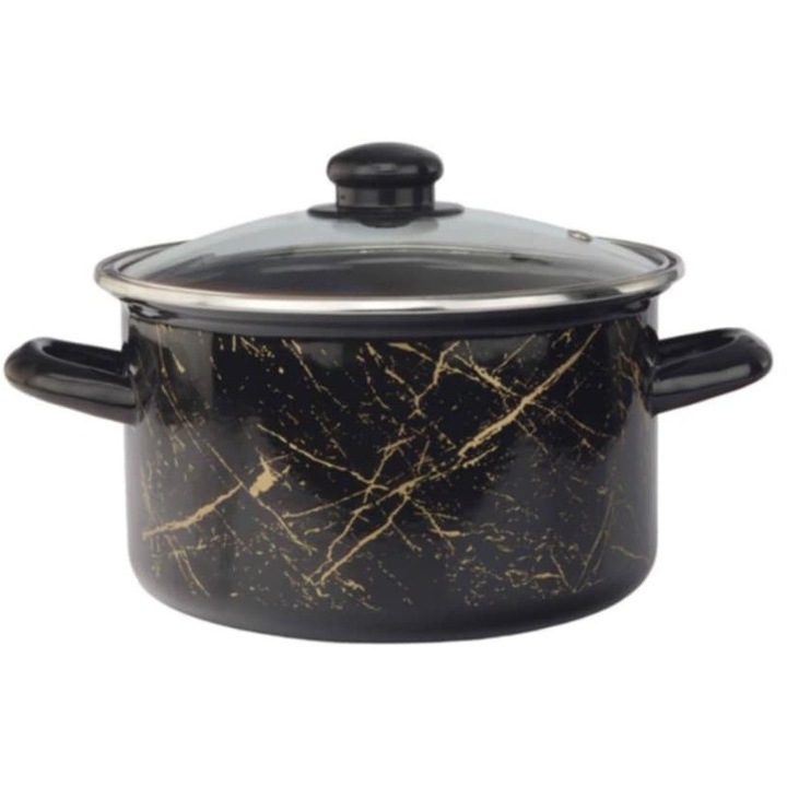Oala emaliata Odelo, 22cm, 4,7l, negru-auriu, cu capac din sticla