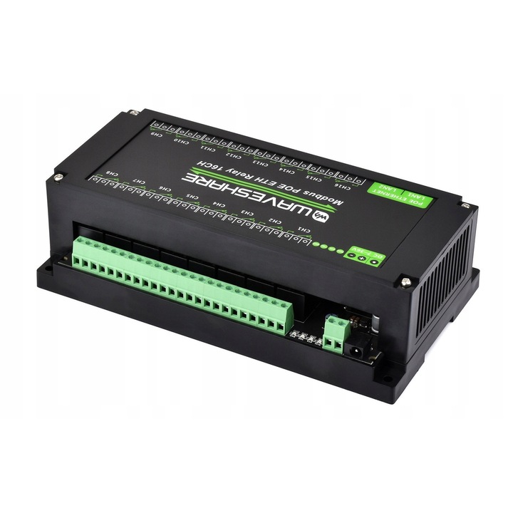 16-канален Ethernet релеен модул, WaveShare, 10A, 7-36V DC, монтаж на DIN шина