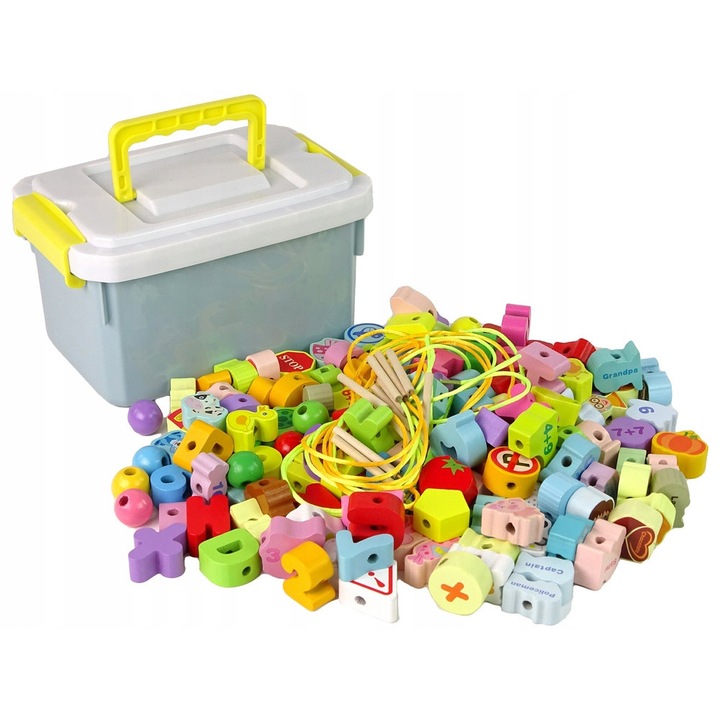 Set Jocuri Educative cu Klocki din Lemn, LEAN Toys, Litere si Numere, Multicolor, 22x16x13cm