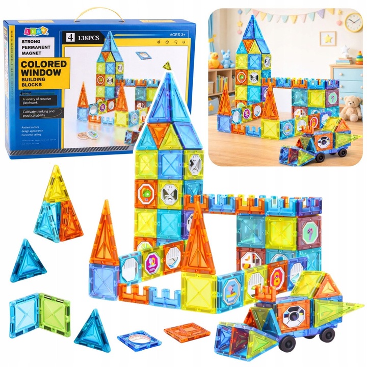 Set de construcție educativ cu piese magnetice LEAN Toys, 138 x Magneti, vehicul 3D, multicolor