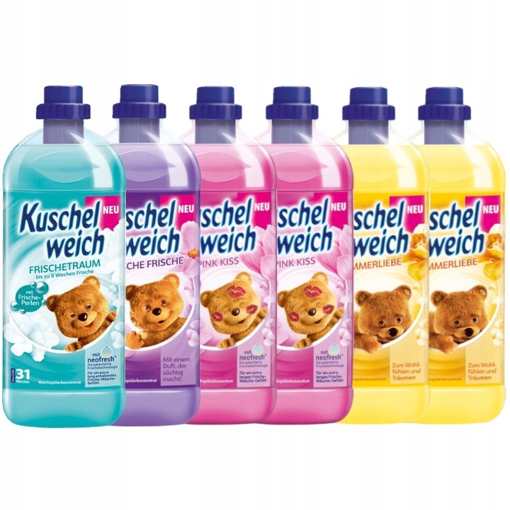 Омекотител Kuschelweich комплект 6 x 1L, Frischetraum, Magische Frische, Pink Kiss, Sommerliebe, 31 изпирания