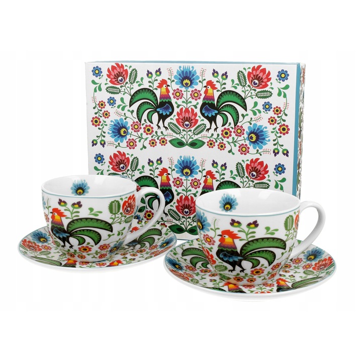 Комплект от 2 чаши за еспресо с чинийки KOGUTY FOLK, порцелан New Bone China, 250 мл, многоцветен, 9x7см