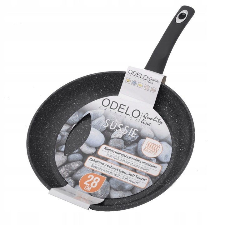 Tigaie ODELO SUSSIE 28cm, aluminiu, inox, neagra, pentru toate tipurile de plite