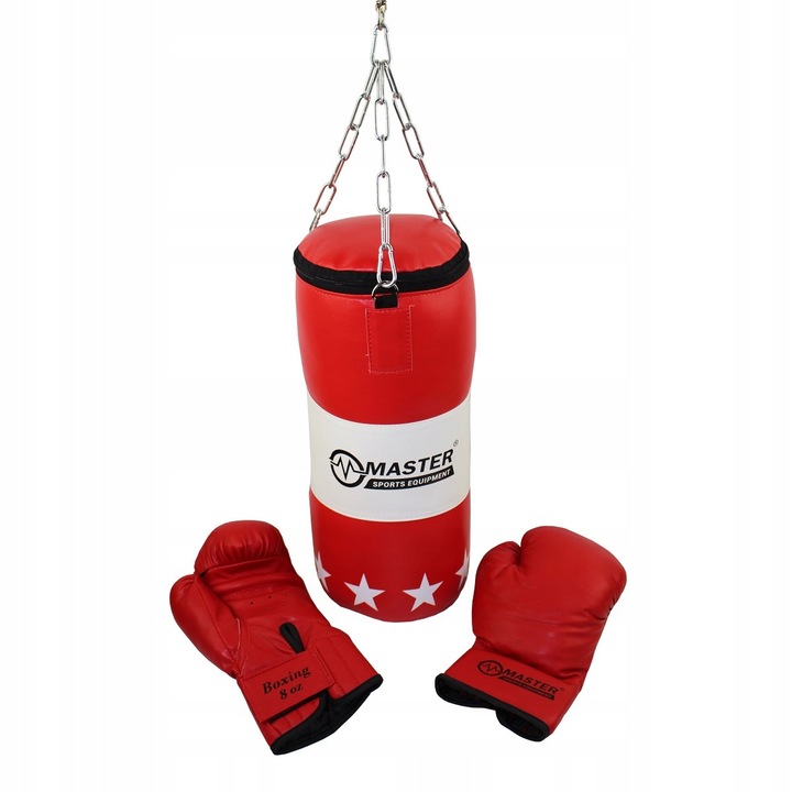 Gyerek boxzsák és kesztyű, Master, piros-fehér boxzsák 40x16cm, 8 OZ kesztyű