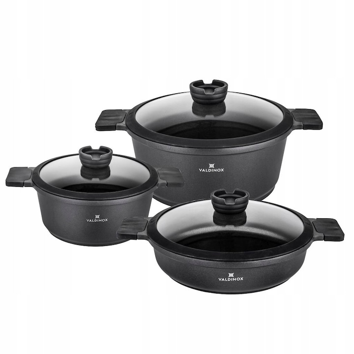 Set 3 oale aluminiu cu capac Valdinox Expert, 3,5L + 4,5L + 6L, negru