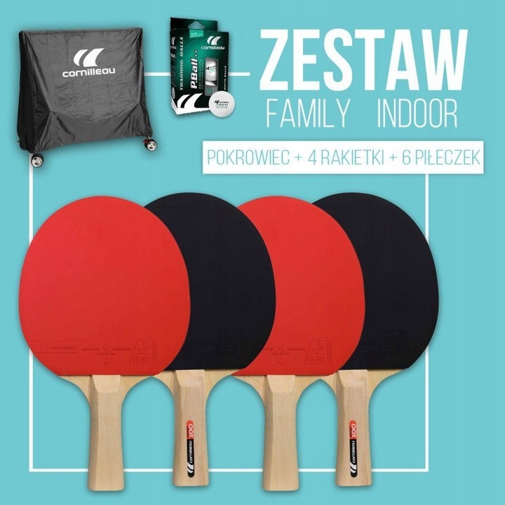 Set tenis de masa Cornilleau, 4 rachete SPORT 100, 6 mingi P-ball Evolution, protectie pentru masa, multicolor