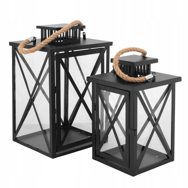 Комплект 2 поставки за свещи, Altom Design, метал, стъкло, черен, 16x16см, 20x20см