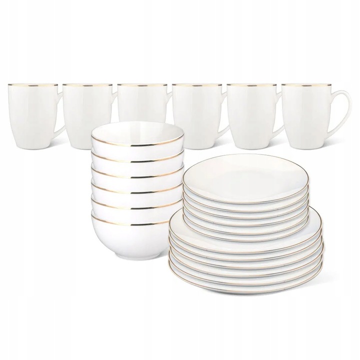 Set de vase 6 persoane Altom Design Bella, crem, auriu, 6 farfurii, 6 boluri, 6 cani