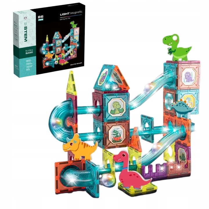 Set de constructie Klocki Magnetyczne, 86 piese, iluminat, pista cu bile