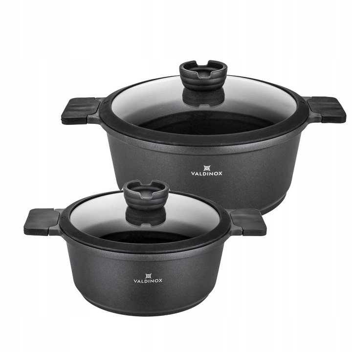 Set 2 oale aluminiu Valdinox Expert 4,4L + 6L, 24x28cm, cu capac, pentru toate tipurile de plite