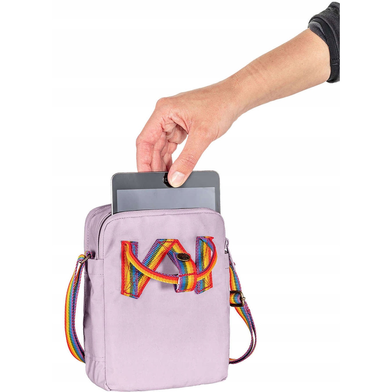 Geanta laptop Fjallraven Kanken Rainbow Sling, galben, 20x15x8cm, capacitate 2,5 litri, pentru tableta pana la 8"