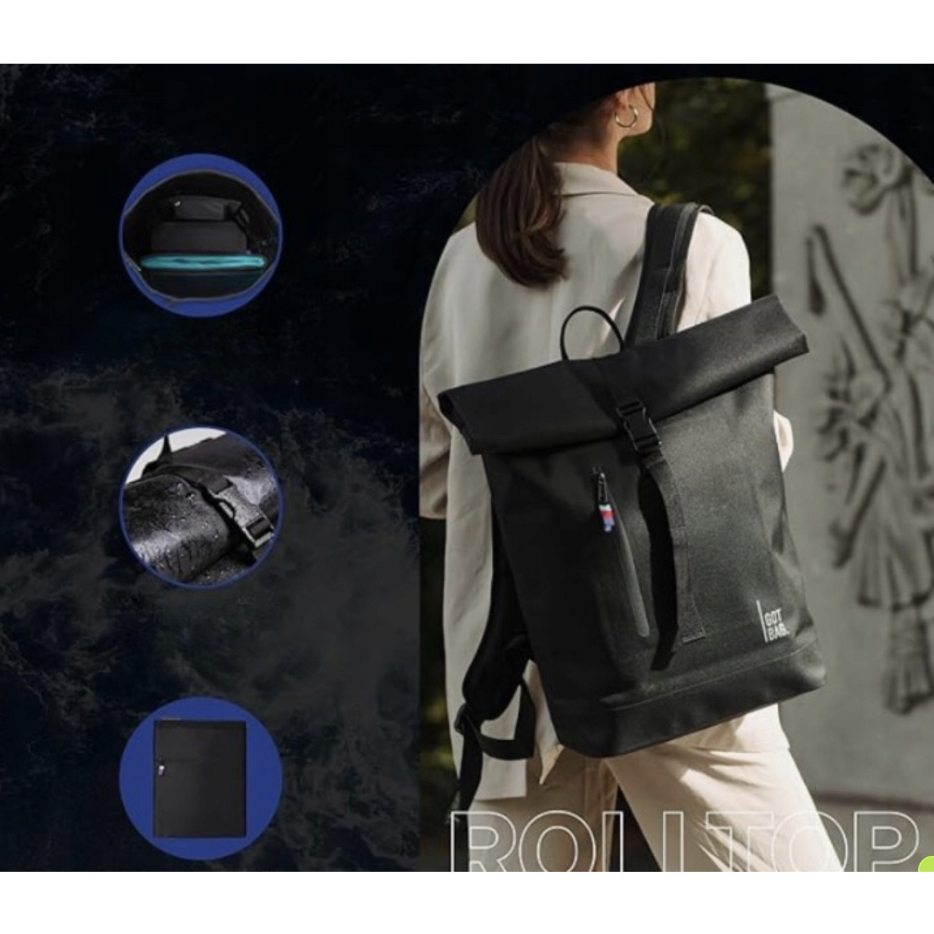 Rucsac laptop GOT BAG Rolltop Lite, 26L, waterproof, negru/gri, 42x32x15cm