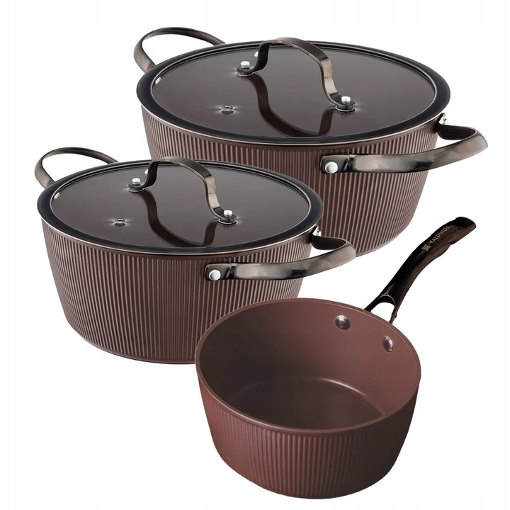 Set 3 oale aluminiu Valdinox Stripes 18/20/24 cm, culoare maronie, cu capac, neaderente