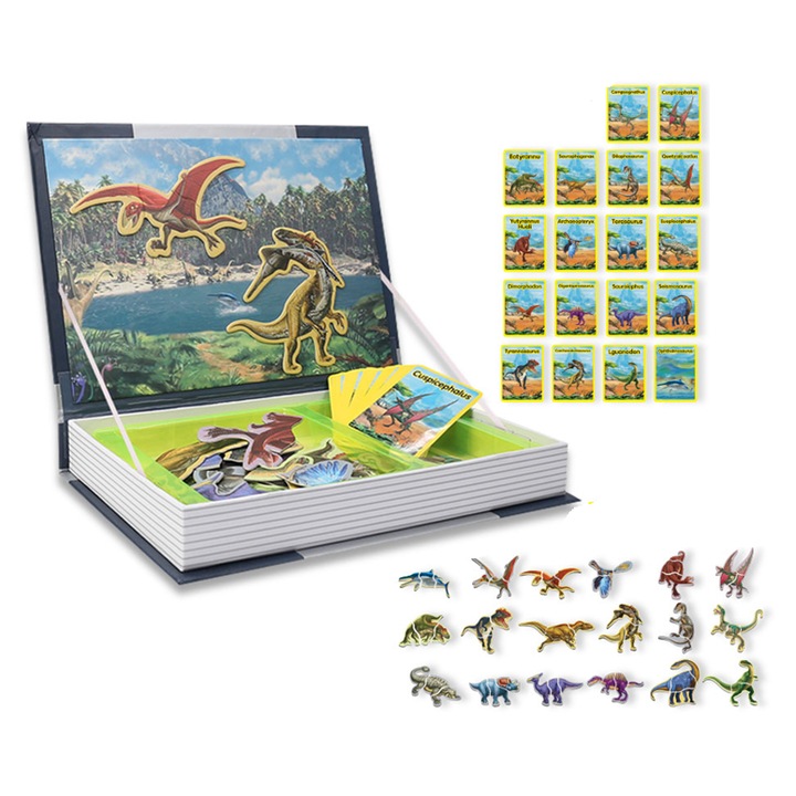 Carte magnetica puzzle educativa cu Dinozauri - Magnetic Book, 57 piese magnetice - accesorii, 18 carduri model, Portabil si Compact, Dezvoltare Creativitate si STEM, +3 Ani