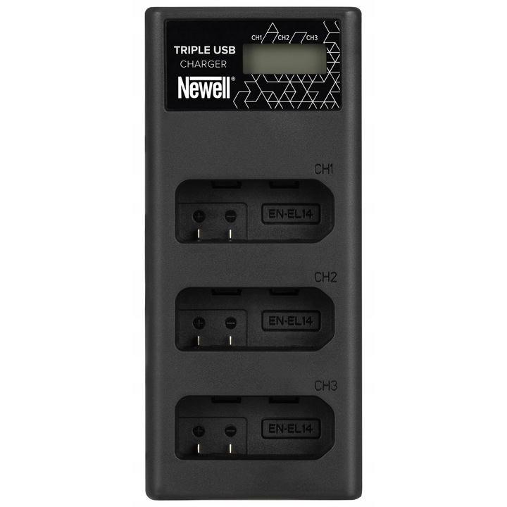 Incarcator trei canale Newell CD-USB-C pentru acumulatori EN-EL14 Nikon, simultan 3 acumulatori, USB-C, 12,4x5,5x2,4cm