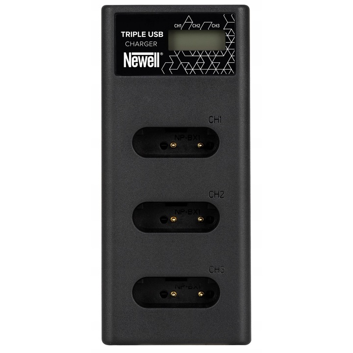 Incarcator tricanal Newell CD-USB-C pentru acumulatori NP-BX1 (Sony), incarcare simultana 3 canale, port USB-C si micro USB, Negru, 1 buc