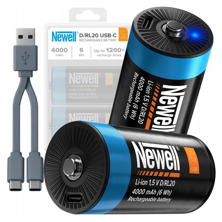 Set 2 acumulatori Newell D R20 USB-C 4000mAh Li-ion, indicator LED, 1.5V, 68g, cu cablu si etui