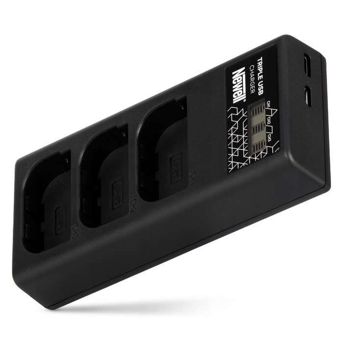 Incarcator triplu Newell CD-USB-C pentru acumulatori LP-E6 Canon, compact, 12.4x5.5x2.4cm