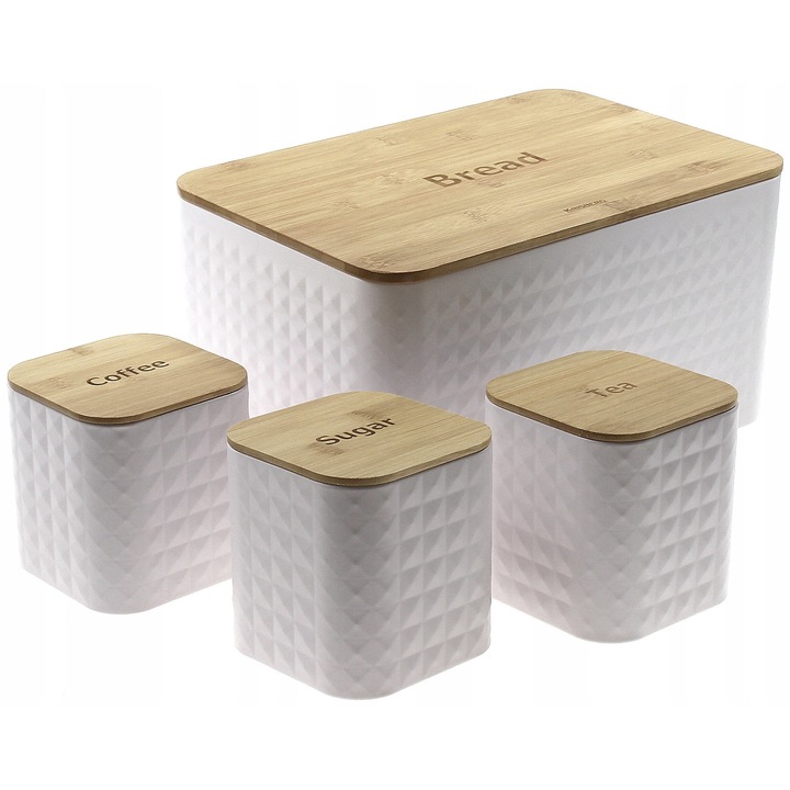 Cutie de paine cu 3 recipiente pentru zahar, cafea, ceai, KRISBERG, alb mat, 35x23x18,5cm