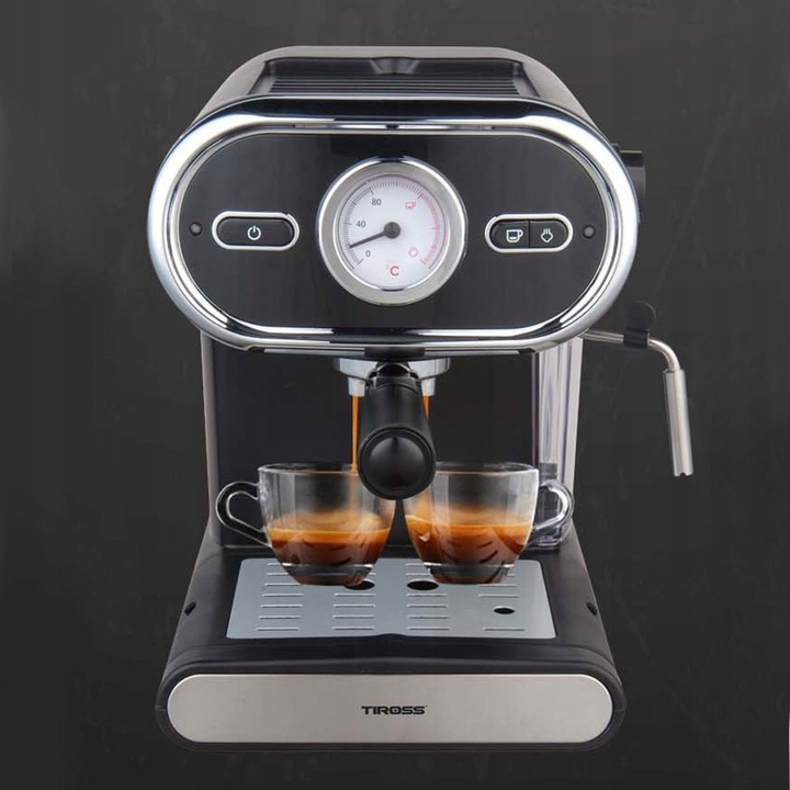 Espressor 1100W, 15 bar, Tiross, plastic cu finisaj din otel inoxidabil, 29x24x33cm