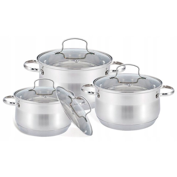Set oale Maestro, 6 piese, inox, 18cm - 2,9L, 22cm - 5,1L, 24cm - 6,5L, cu capac din sticla