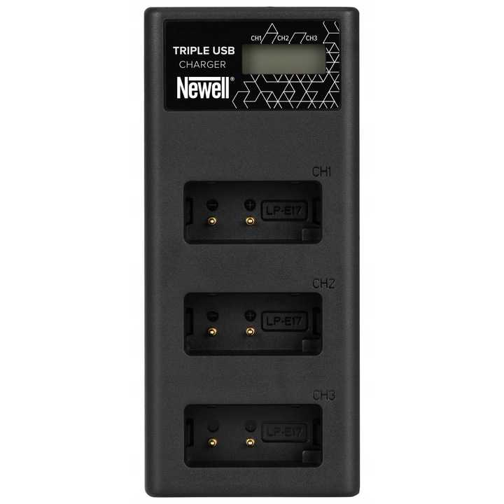 Incarcator tricanal Newell CD-USB-C pentru acumulatori LP-E17, incarcare simultana 3 acumulatori, port USB-C/micro USB, afisaj nivel incarcare, negru, 1 buc.
