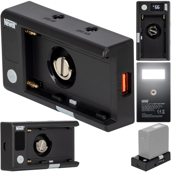 Adapter universal DC-USB pentru acumulatori NP-F, 3 iesiri DC, port USB-A si USB-C, compact, 92x52x23cm