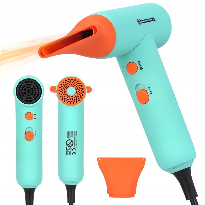 Uscator de par Humanas AirTouch HD-AT03 mini, compact, 2 niveluri de putere, 4 temperaturi, mint, 17x9,1x4cm