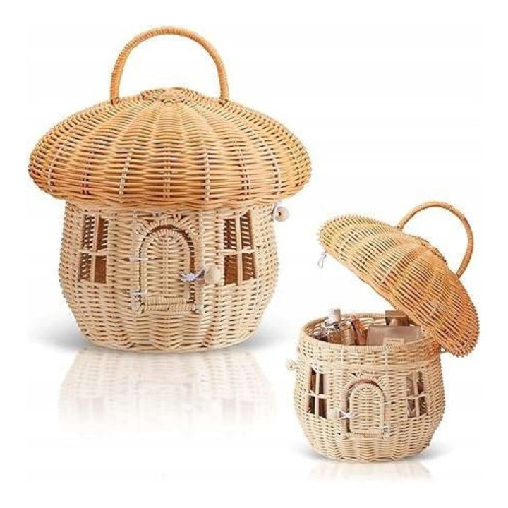 Cos decorativ din ratan in forma de ciuperca, CE, 25x25cm