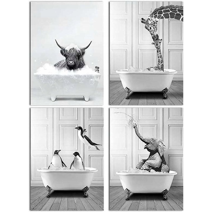 Tablouri set 4 bucati, model animale in baie, 50x70 cm